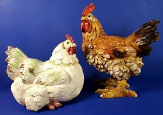 Gorgeous Hand Painted Resin Rooster And Hen - Made To Look Like Carved Wood - Ne
