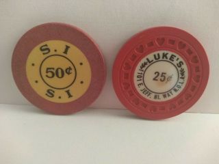 2 Diff.  Early Illegal Casino Chips Lukes & Southport Inn No,  La