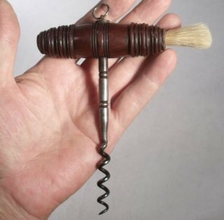 Antique C1860 Chunky Ribbed Wood Handle Corkscrew With Brush.
