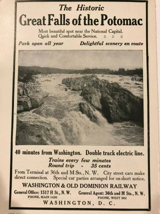 ANTIQUE 1912 PRINT AD GREAT FALLS OF THE POTOMAC W & OD RAILWAY RR 3