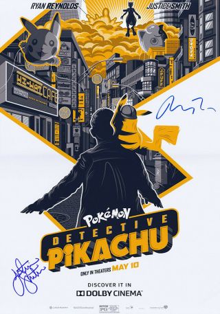Justice Smith,  Ryan Reynolds Signed Pokémon Detective Pikachu 11x12 Poster Wcoa