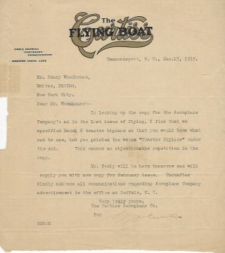 Glenn Curtiss Signed 1915 Letter