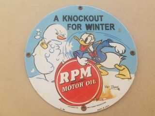Donald Duck Rpm Motor Oil Porcelain Sign Walt Disney Snowman Gas Station Winter