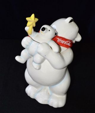 1998 Coca - Cola Porcelain White Baby Cub & Mama Polar Bear 12 1/2 " H Cookie Jar
