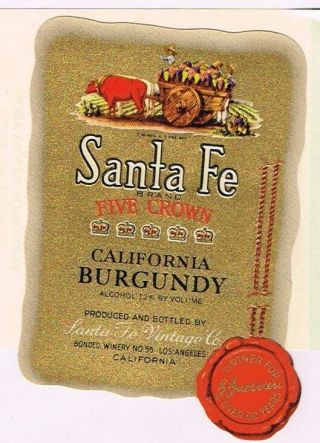 1940s California Los Angeles Santa Fe Five Crown Burgundy Wine Label