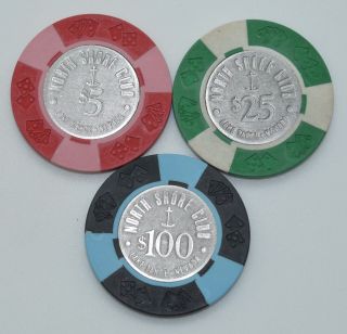 Set Of 3 North Shore Club $5 - $25 - $100 Casino Chips Lake Tahoe Nevada Diecar Mold