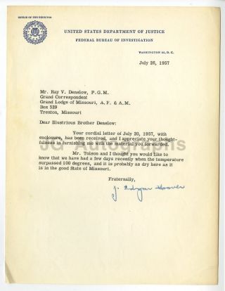 J.  Edgar Hoover - Fbi - Signed Letter To Freemason Ray V.  Denslow,  1957