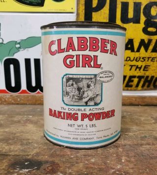 Vintage 5 Lb Clabber Girl Baking Powder Tin Can - Rare Size