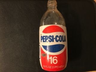 Vintage Rare 16 Oz Pepsi - Cola Clear Glass Bottle With Styrofoam Label.