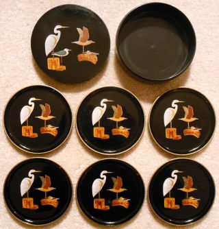 Vintage Otagiri Japan Black Lacquerware - Set Of 6x Coasters With Case - Birds