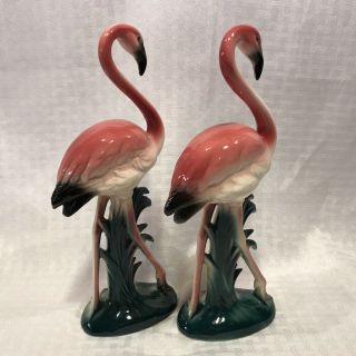 Q2a Vintage Ceramic Mcm Pink Flamingo Figurines 10 " Tall