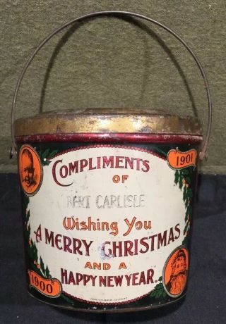 Antique Merry Christmas Happy Year 1900 1901 Tin Litho Candy Pail