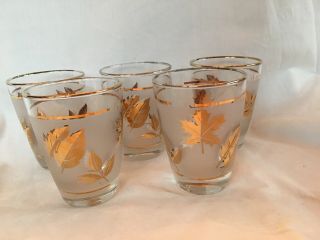 Vintage Libbey MCM Gold Rimmed Frosted Leaves Bar Cocktail Small Glasses Tumbler 2