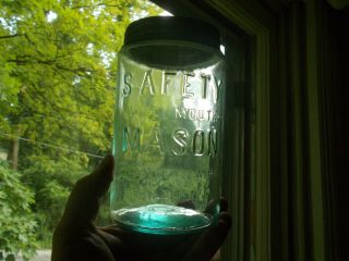 SAFETY WIDE MOUTH MASON SALEM GLASS NJ FRUIT JAR WITH TIN LID 4