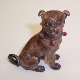 Vintage COLD PAINTED BRONZE Metal PUG DOG Miniature FIGURE/SCULPTURE Bell Collar 2