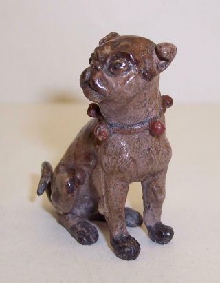 Vintage COLD PAINTED BRONZE Metal PUG DOG Miniature FIGURE/SCULPTURE Bell Collar 3
