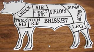 Xl Cow Black White Standing Realistic Life Like Meat Cuts Decor Sign