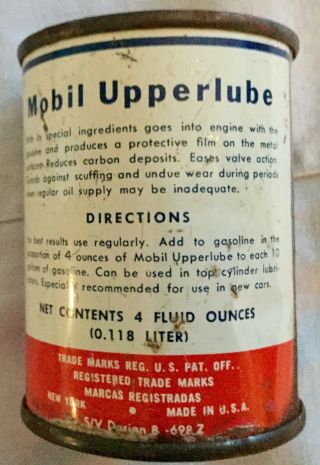 VINTAGE MOBILE “SOCONY VACUUM OIL CO” UPPERLUBE 4oz CAN 