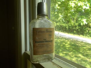 1930s Father Time Bourbon Whiskey Hiram Walker Emb Spider & Fly Cobwebs Flask