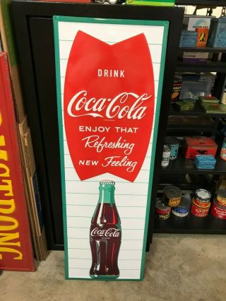 " Coca Cola Fishtail " Vertical Metal Embossed Advertising Sign,  54 " X 18 ".
