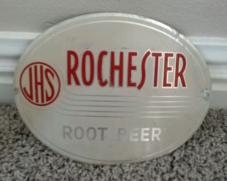 Vintage Jhs Rochester Root Beer Wood Barrel Dispenser Tin Sign 2