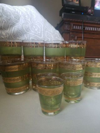 Vintage Gold And Green Set Of 11 Glasses.