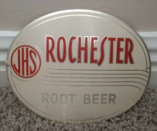 Vintage Jhs Rochester Root Beer Wood Barrel Dispenser Tin Sign Badge 1