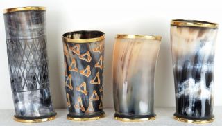 Steins Set Of Assorted 4 " Viking Drinking Horn Mug Cups Brass For Ale Beer Wine