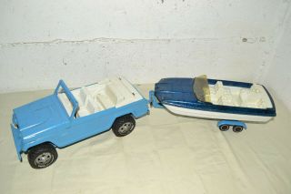 70s Vintage Tonka Jeepster Toy Jeep Pressed Steel Truck Trailer & Plastic Boat