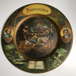 Jamestown 1907 Vienna Art Plate Sign Pocahontas Indian Chief Maiden