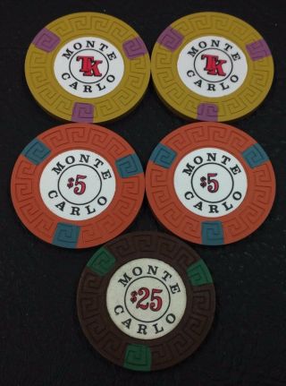 Set Of 5 Monte Carlo $1 - $5 - $25 Casino Chips Reno Nevada Lg - Key Mold 1970 