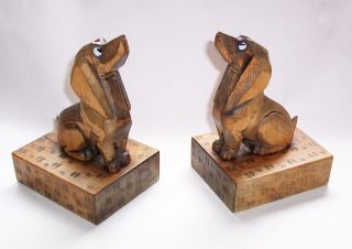Vintage Pair Art Deco Wooden Dachshund Dog Bookends Figures With Glass Eyes