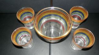 VINTAGE STRIPED GLASS ICE BUCKET & 4 MATCHING GLASSES 2