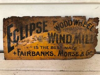 Old Tin Eclipse Wood Wheel Windmill Advertising Sign Fairbanks Morse & Co