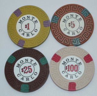 Set Of 4 Monte Carlo $1 - $5 - $25 - $100 Casino Chips Reno Nevada Lg - Key Mold