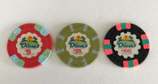 $5.  - $25.  - $100.  Dunes Casino Chips - Las Vegas,  Nevada - 3 Chip Sample Set