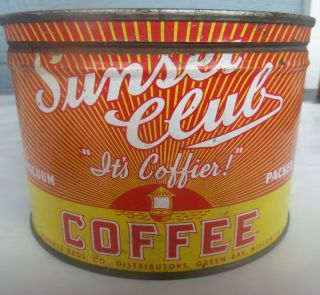 Vintage Sunset Club Coffee 1 Lb Keywind Tin Can Green Bay Wisc Right Lid