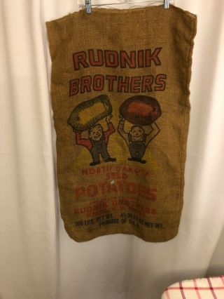 Vintage Rudnik Brothers Brand Burlap Potatoes 100 Lb Sack Bag North Dakota