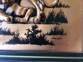 LARGE Vintage John Louw 3D Cast Art Tiger on Copper Sheet Artist Signed Frame 3