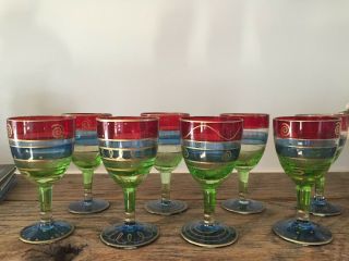 8 Pier 1 Hand Painted Mouth Blown Red Blue & Green Glass Party Cordials Goblets