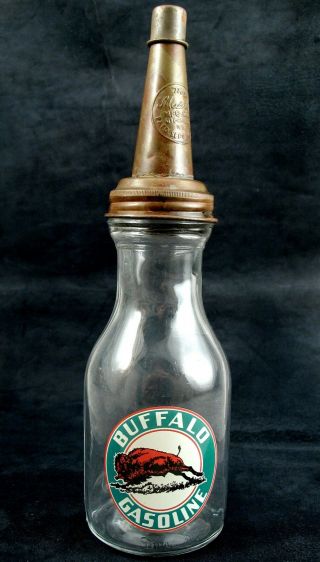 Westland Buffalo Gasoline Motor Oil Quart Glass Bottle Metal Spout & Dust Cap