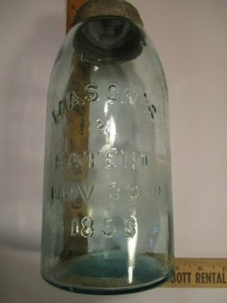 Antique Lg.  Blue Glass Mason Jar,  Zinc Lid / Mason ' s Patent Nov 30 1858 9” 30th 2
