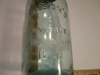 Antique Lg.  Blue Glass Mason Jar,  Zinc Lid / Mason ' s Patent Nov 30 1858 9” 30th 3