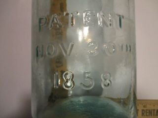 Antique Lg.  Blue Glass Mason Jar,  Zinc Lid / Mason ' s Patent Nov 30 1858 9” 30th 4