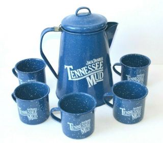 Jack Daniels Tennessee Mud Enamelware Blue Metal Coffee Pot With 5 Mugs