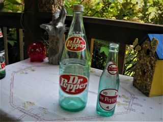 2 Dr Pepper Soda Bottles 6 1/2 Oz & 32 Oz Return For Refund Green Glass Vintage