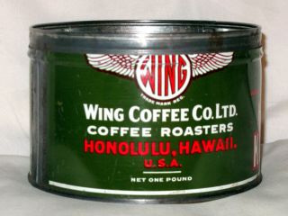 Vintage Wing Hawaiian Kona One Pound Coffee Tin Can And Lid Honolulu 10 Days