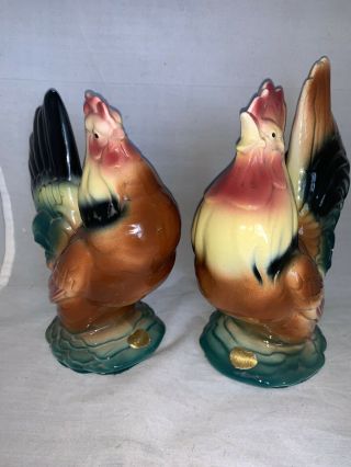 Vintage Royal Copley Pair Rooster And Hen Chicken Figures,  With Labels,  Glazed