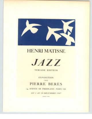 1959 Mini Poster Henri Matisse Lithograph Print Jazz Pierre Beres Shop