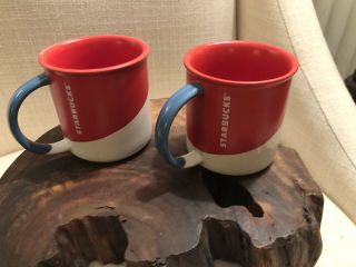 Two Starbucks Coffee Mug/cup Red And White Blue Handle 2017 12oz.